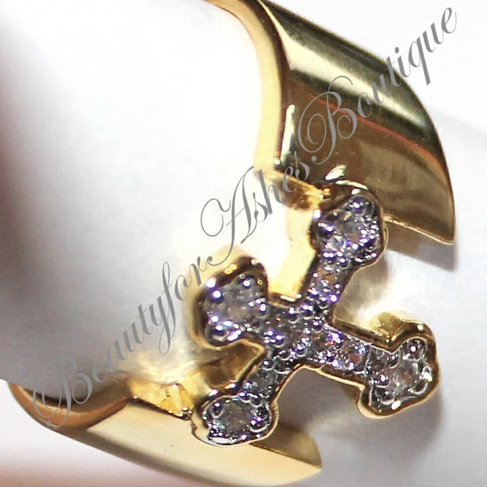 Divine Christian Open Band Cz Clear Yellow Gold Plated Cross Brass Ring